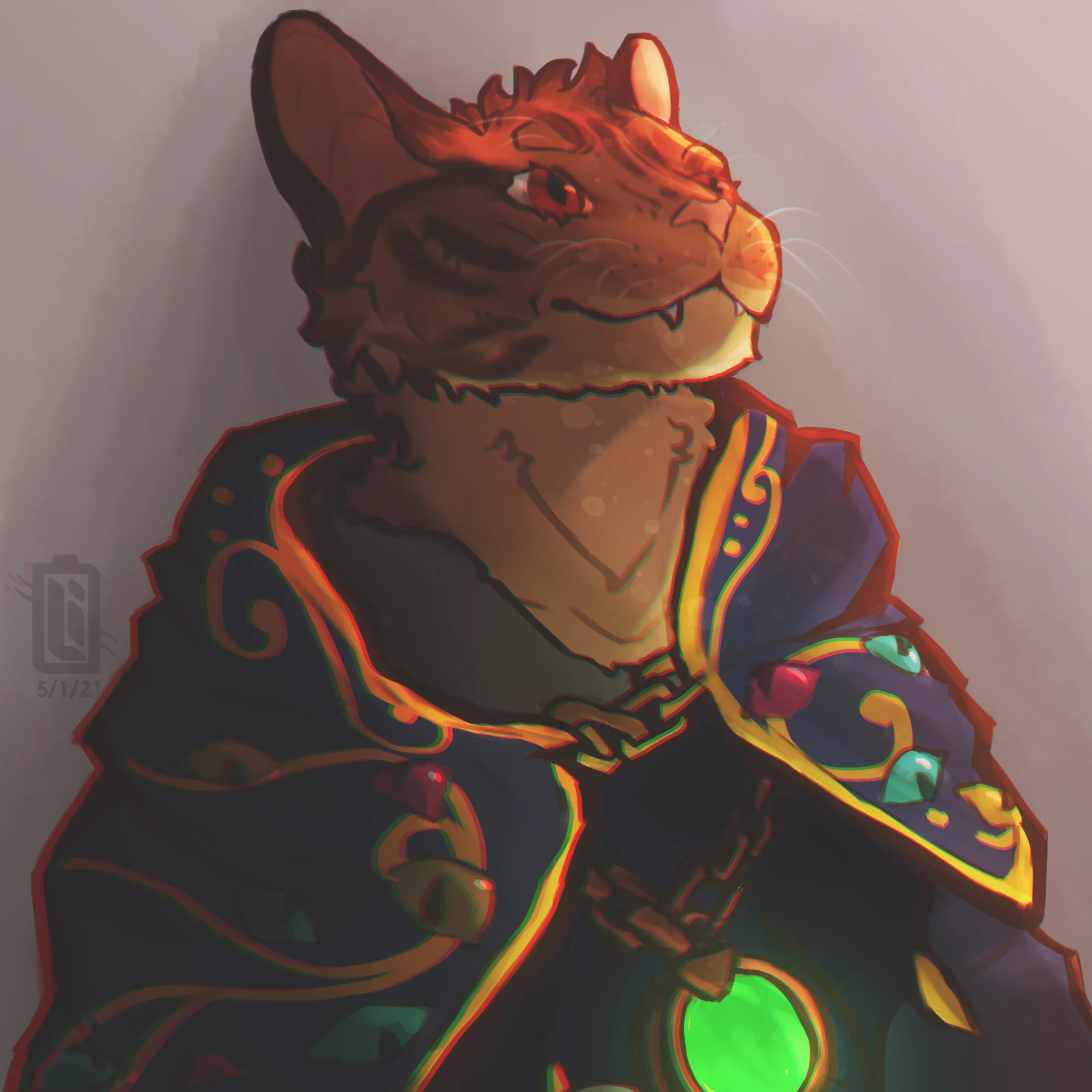 A digital drawing of a humanoid cat with light brown fur, decked out in a fancy blue and gold robe with intricate designs. The cat's got a serious look on its face, and a glowing green orb dangles from the robe. The background's a soft gradient of grey.